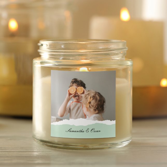 Modern Family Photo & Personalised Name Mint Gift Square Sticker (Creator Uploaded)