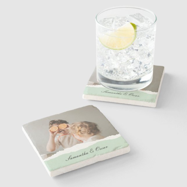 Modern Family Photo & Personalised Name Mint Gift Stone Coaster (Side)