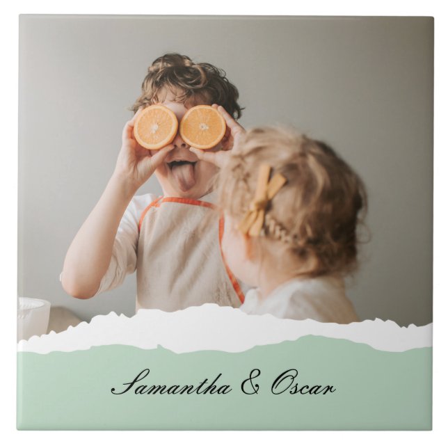 Modern Family Photo & Personalised Name Mint Gift Tile (Front)