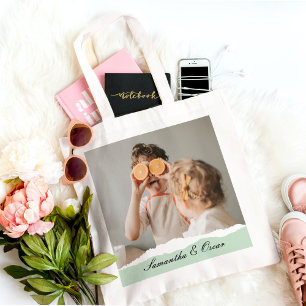Modern Family Photo & Personalised Name Mint Gift Tote Bag
