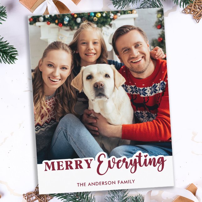 Modern Family Photo Personalized Merry Everything  Holiday Postcard (Creator Uploaded)