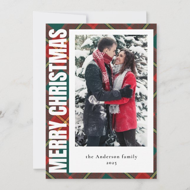 Modern Family Photo Red and Green Plaid Christmas Holiday Card (Front)