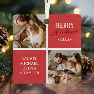 Modern Family Photo Red Merry Christmas Metal Tree Decoration