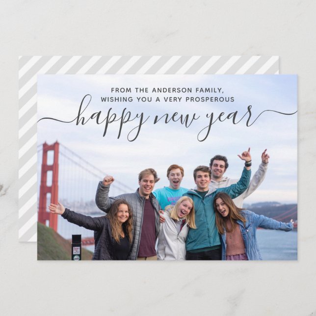 Modern Family Photo Script Happy New Year Holiday Card (Front/Back)