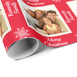 Modern Family Photo Snowflake Red Merry Christmas Wrapping Paper