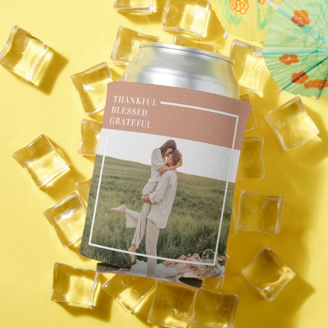 Modern Family Photo | Thankful Blessed Grateful Can Cooler (In Situ Summer)