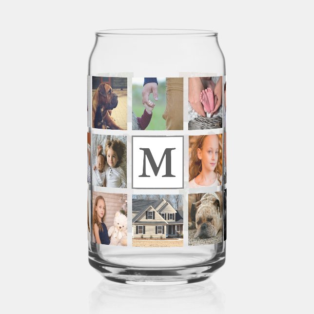 Modern Family Photos Collage Monogram Letter Can Glass (Left)