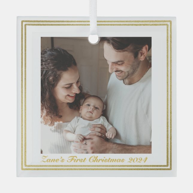 Modern Family Portrait Baby’s First Christmas  Glass Tree Decoration (Front)