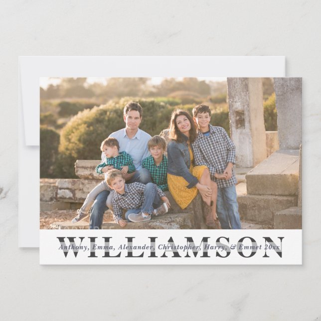 Modern Family Portrait Custom Last Name Christmas Holiday Card (Front)