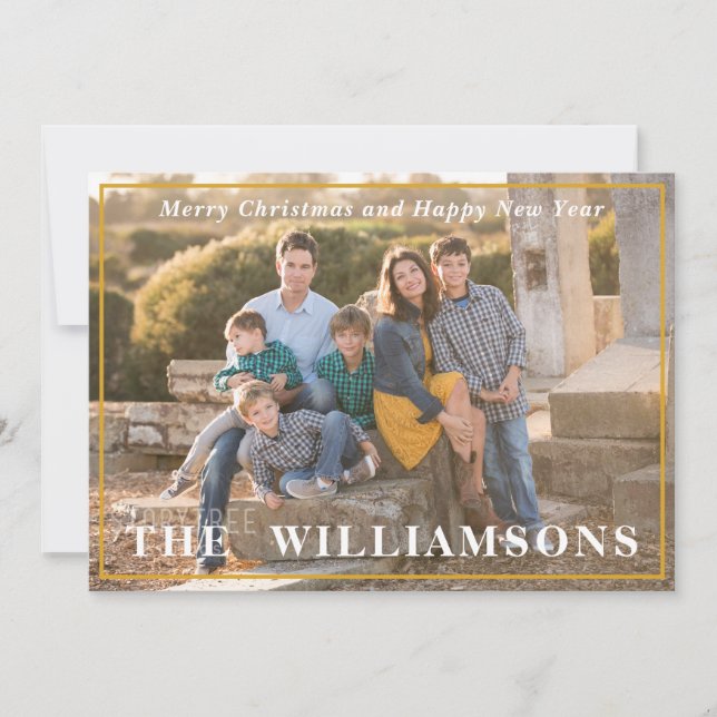 Modern Family Portrait Yellow and Blue Last Name Holiday Card (Front)