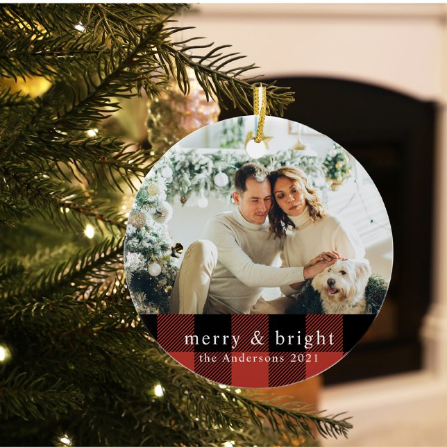 Modern Family Red Buffalo Plaid With Photo Ceramic Ceramic Tree Decoration (Creator Uploaded)