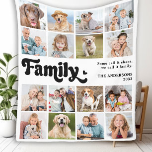 Modern FAMILY Retro Personalised 16 Photo Collage Fleece Blanket