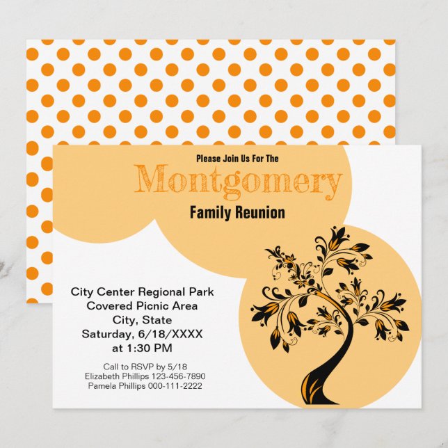 Modern Family Reunion Orange Flowering Black Tree Invitation (Front/Back)