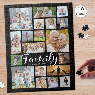 Modern FAMILY Scrip Photo Collage Name Black Jigsaw Puzzle