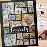 Modern FAMILY Script 19 Photo Collage Name Custom Jigsaw Puzzle<br><div class="desc">Easily create a fun family activity or pastime filled with memories with this modern photo collage puzzle featuring a variety of sizes and shapes for 19 photos and the title FAMILY in a chic handwritten script font dotted with a heart and personalized with the family's name. CHANGES: Change the black...</div>