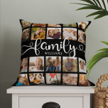 Modern Family Script 20 Photo Collage Chic Black Cushion<br><div class="desc">Modern custom photo collage pillow with space for 20 photos surrounding a trendy swirly script reading FAMILY and your custom name below. This is the 2 sided version.</div>