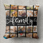 Modern Family Script 20 Photo Collage Chic Black Cushion<br><div class="desc">Modern custom photo collage pillow with space for 20 photos surrounding a trendy swirly script reading FAMILY and your custom name below.</div>