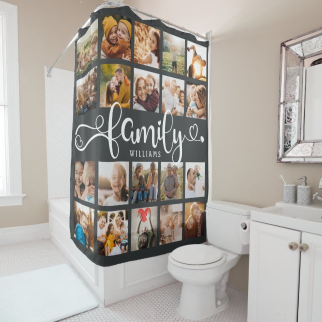 Modern Family Script 20 Photo Collage Chic Grey Shower Curtain (In Situ)