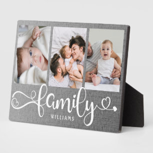 Modern Family Script Collage Linen 3 Photo Block Plaque