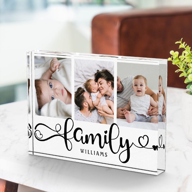 Modern Family Script Collage Simple Elegant Photo  Block (Triple the love! Our custom family photo block, cute script, and a trio of cherished moments.)