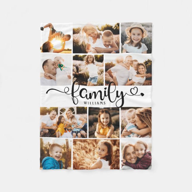 Modern Family Script Hearts Photo Collage Chic Fleece Blanket (Front)