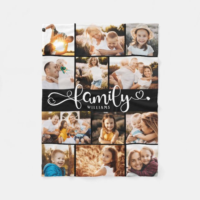 Modern Family Script Hearts Photo Collage Chic Fleece Blanket (Front)