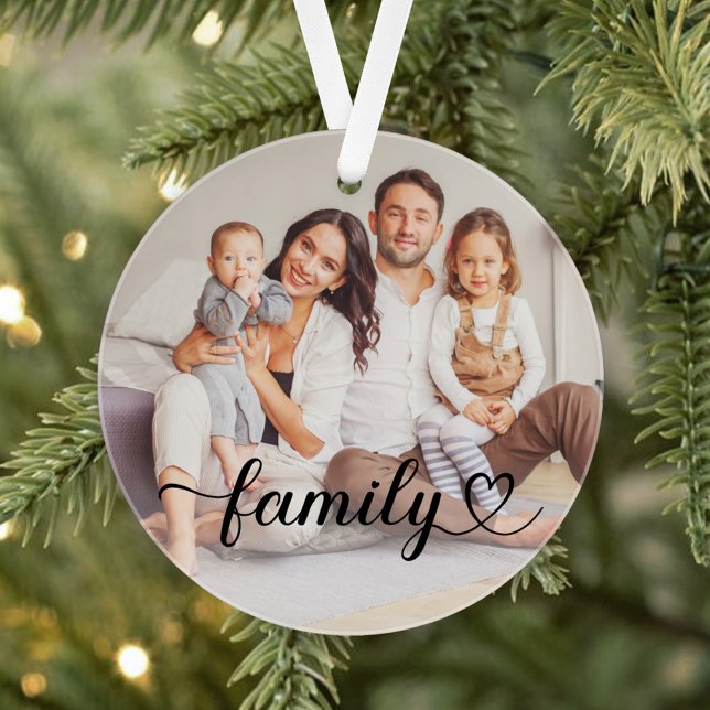 Modern Family Script Photo Keepsake Black Text Ornament (Creator Uploaded)