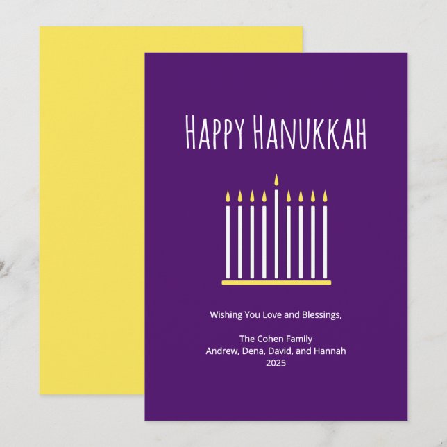 Modern Family Simple Menorah Purple Hanukkah Holid Holiday Card (Front/Back)