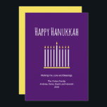 Modern Family Simple Menorah Purple Hanukkah Holid Holiday Card<br><div class="desc">Modern Family Hanukkah purple greeting card, with a simple menorah and typography design. The back has a gold colour to add contrast. With customisable typography lettering, you add your own information. Great for sending loving wishes to friends and family this holiday season.</div>