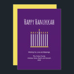Modern Family Simple Menorah Purple Hanukkah Holid Holiday Card<br><div class="desc">Modern Family Hanukkah purple greeting card,  with a simple menorah and typography design. The back has a gold colour to add contrast. With customisable typography lettering,  you add your own information. Great for sending loving wishes to friends and family this holiday season.</div>