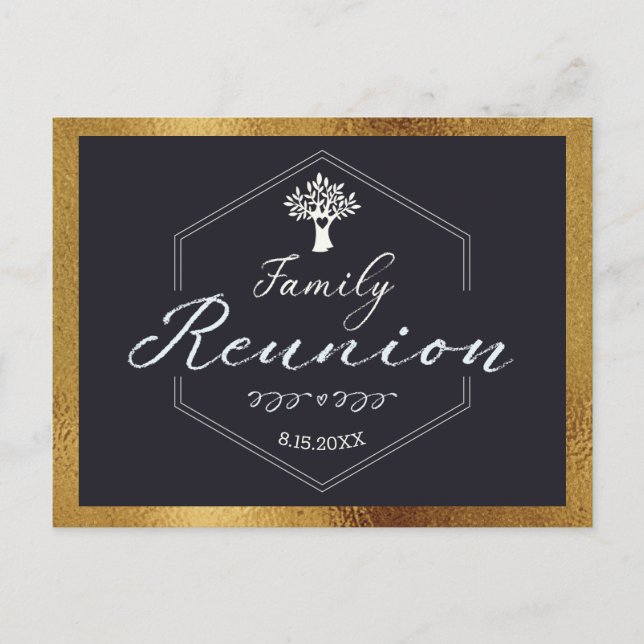 Modern Family Tree Black Gold Save The Date Invitation Postcard (Front)