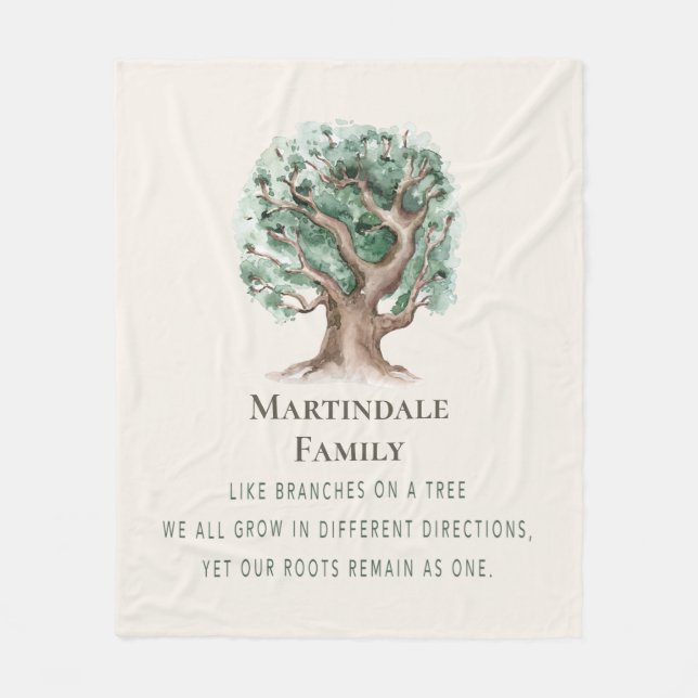 Modern Family Tree Quote Reunion Monogrammed Fleece Blanket (Front)