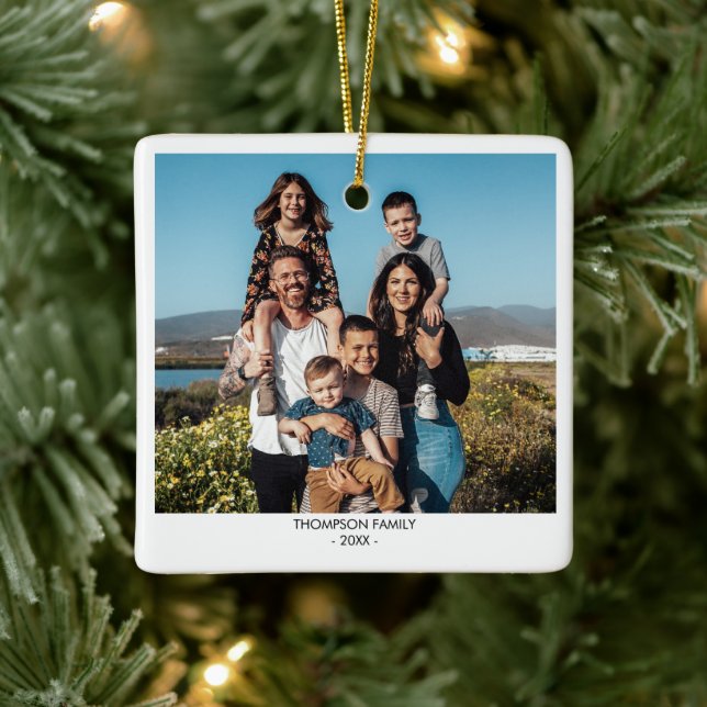 Modern Family Xmas Photo Portrait Christmas Ceramic Ornament (Tree)