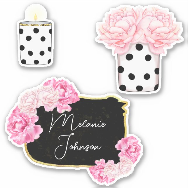 Modern Fancy Girly Cute Pink Black Dots Floral (Front)