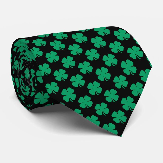 Modern Fancy Irish Shamrock Green Clover Black Tie (Rolled)