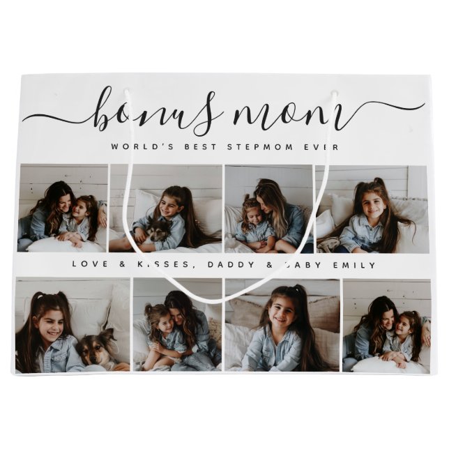 Modern Fancy Photo Cute Stepmom White Mothers Day Large Gift Bag (Front)