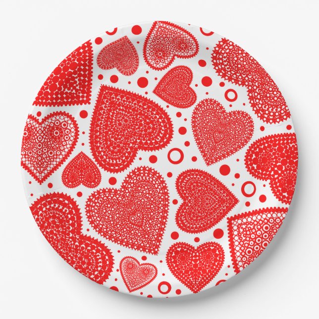 Modern Fancy Red Graphic Hearts Pattern Paper Plate (Front)