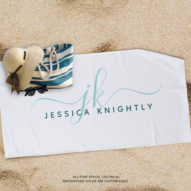 Modern Fancy Script Monogram Teal Turquoise White Beach Towel (Creator Uploaded)