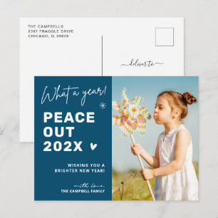 Modern Farewell: Peace Out 2024 Winter Blue Photo Holiday Postcard