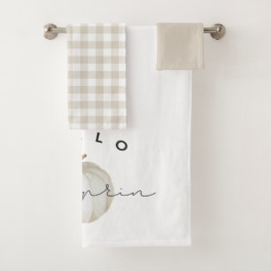 Modern Farmhouse Beige Buffalo Check Hello Pumpkin Bath Towel Set