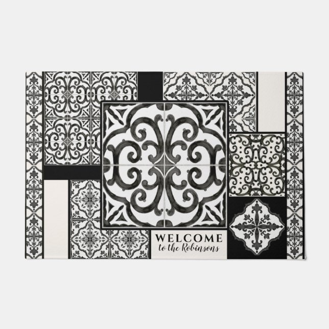 Modern Farmhouse Black and White Watercolor Family Doormat (Front)