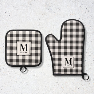 Modern Farmhouse Black Buffalo Check Monogram Oven Mitt & Pot Holder Set