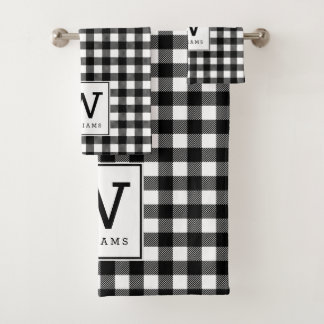 Modern Farmhouse Black Buffalo Plaid Monogrammed Bath Towel Set