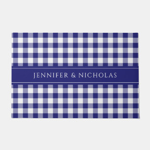 Modern Farmhouse Blue Plaid Family Name Doormat
