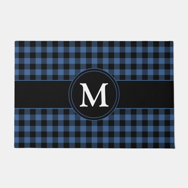 Modern Farmhouse Blue Plaid Monogram Doormat (Front)