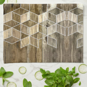 Modern Farmhouse Brown Wood Geometric Pattern  Tea Towel