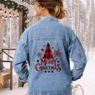 Modern Farmhouse Buffalo Plaid Merry Christmas Denim Jacket