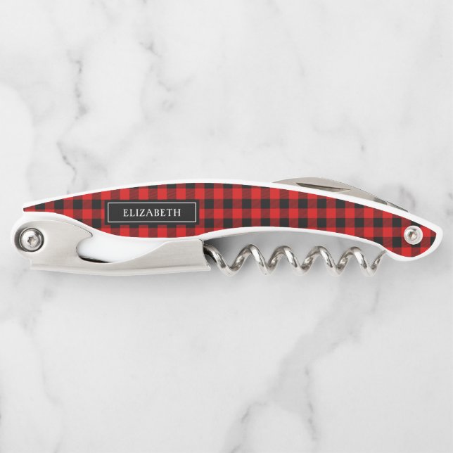 Modern Farmhouse Buffalo Plaid Monogrammed Corkscrew (Front)