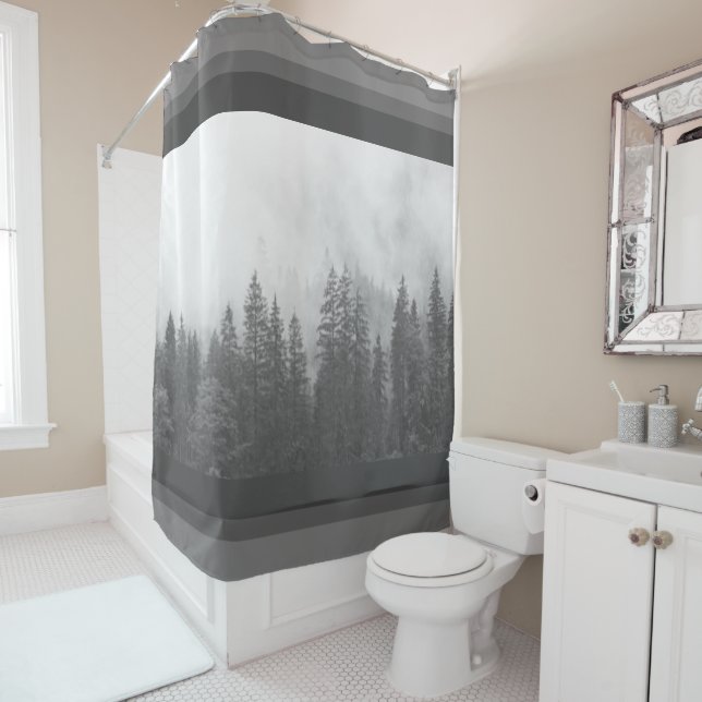 Modern Farmhouse Cabin Black White Tree Forest  Shower Curtain (In Situ)