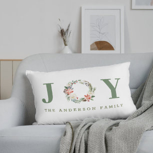 Modern Farmhouse Christmas Joy Wreath Family Name Lumbar Cushion